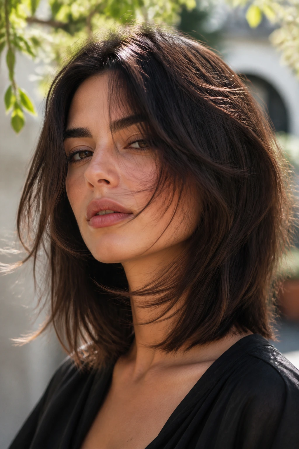 Portrait of a real person with wispy layered long bob movement
