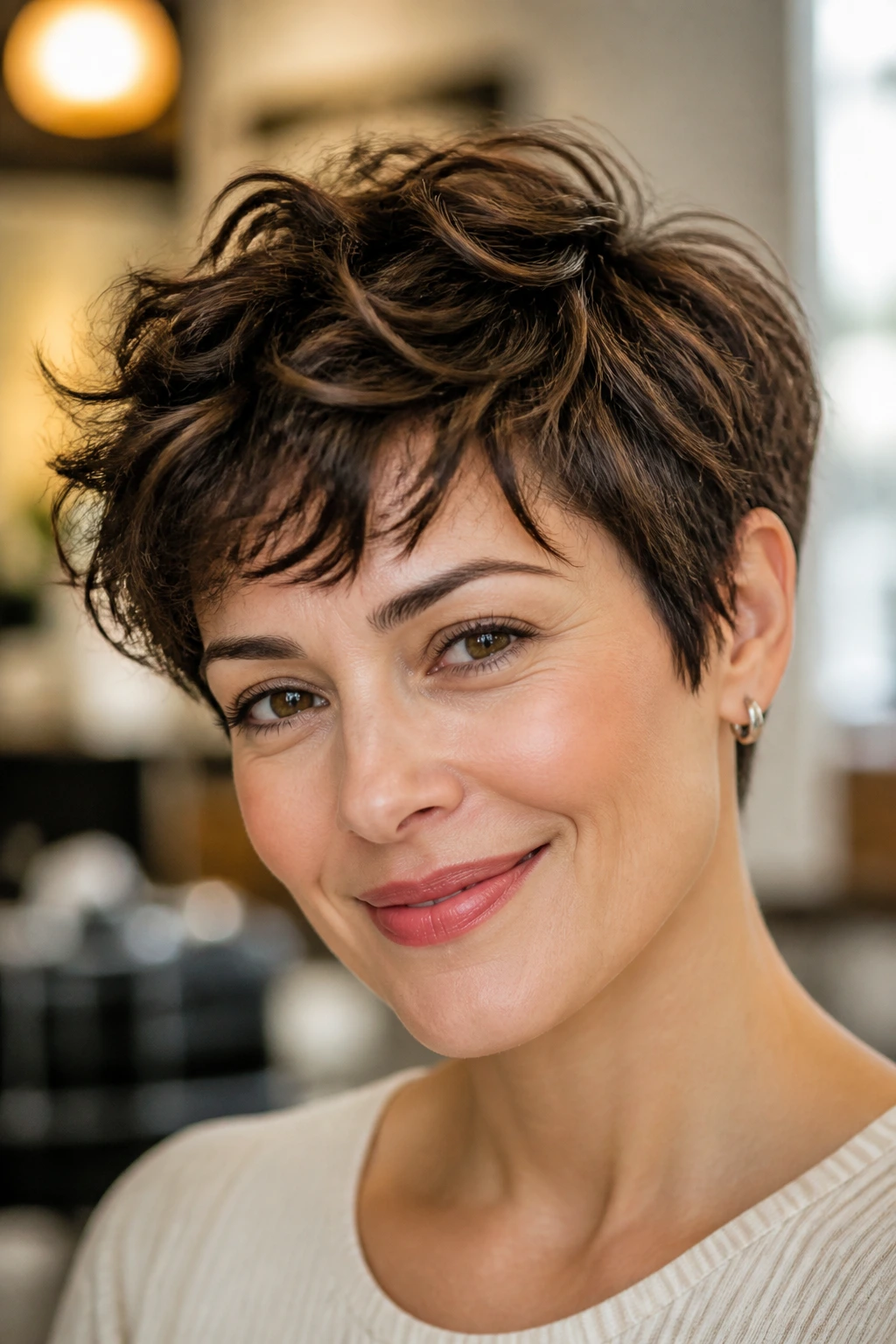 Real woman with a wispy-layered pixie hairstyle.