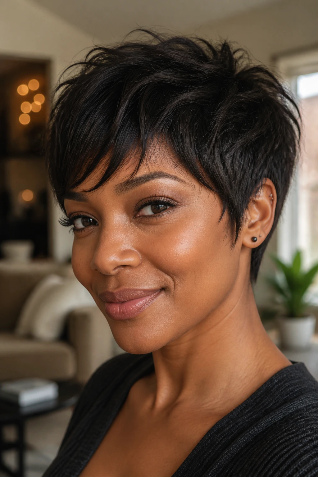 Close-up of a real person with soft wispy layered pixie hairstyle.