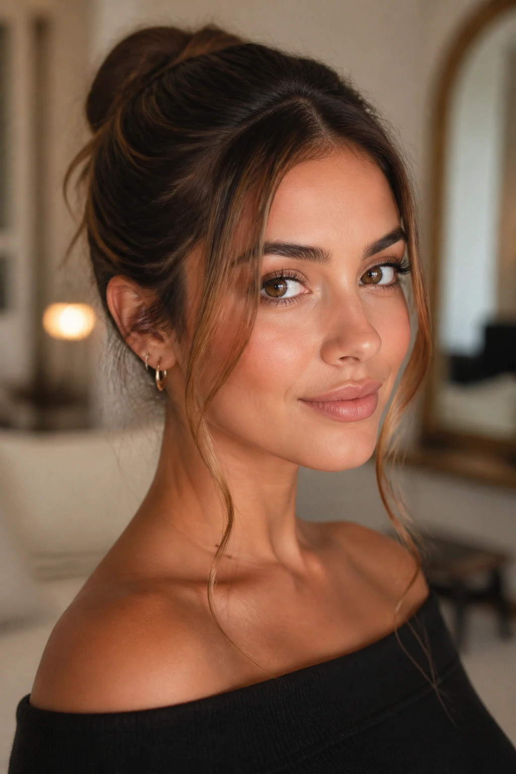 Close-up of a real woman with wispy tendrils framing her face in warm light