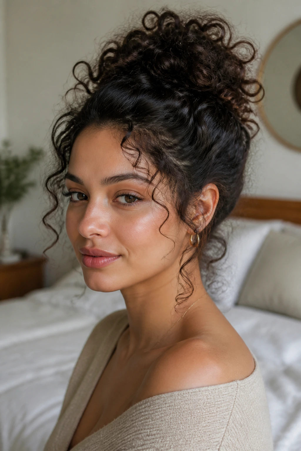Close-up of a real woman with wispy tendrils around the ears in a high updo.