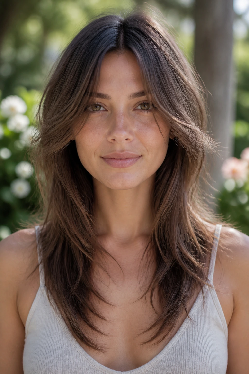 Close-up of a real woman with wispy V-cut hair