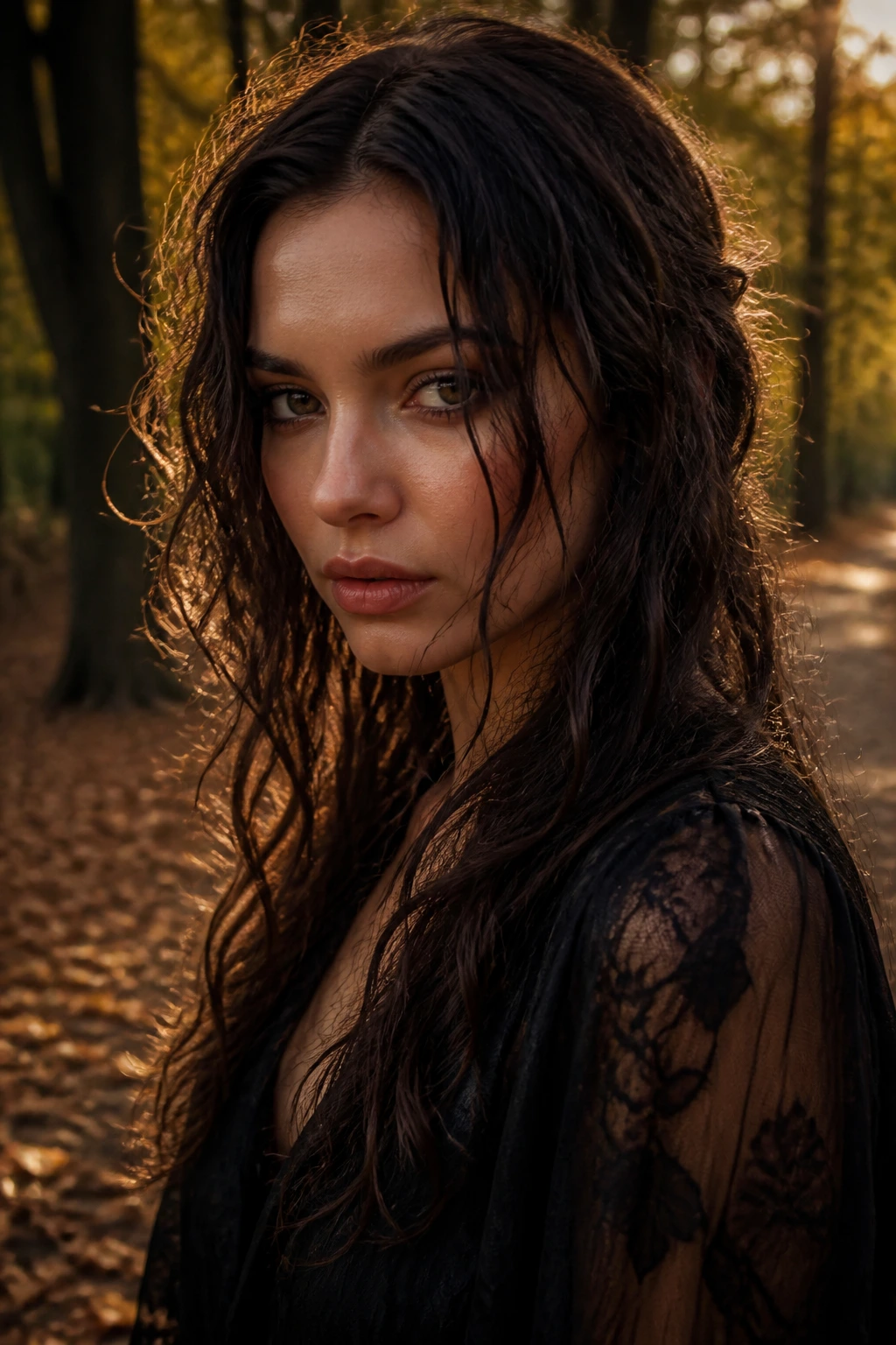 Close-up of a real woman with windswept waves for Halloween look in a forest setting.