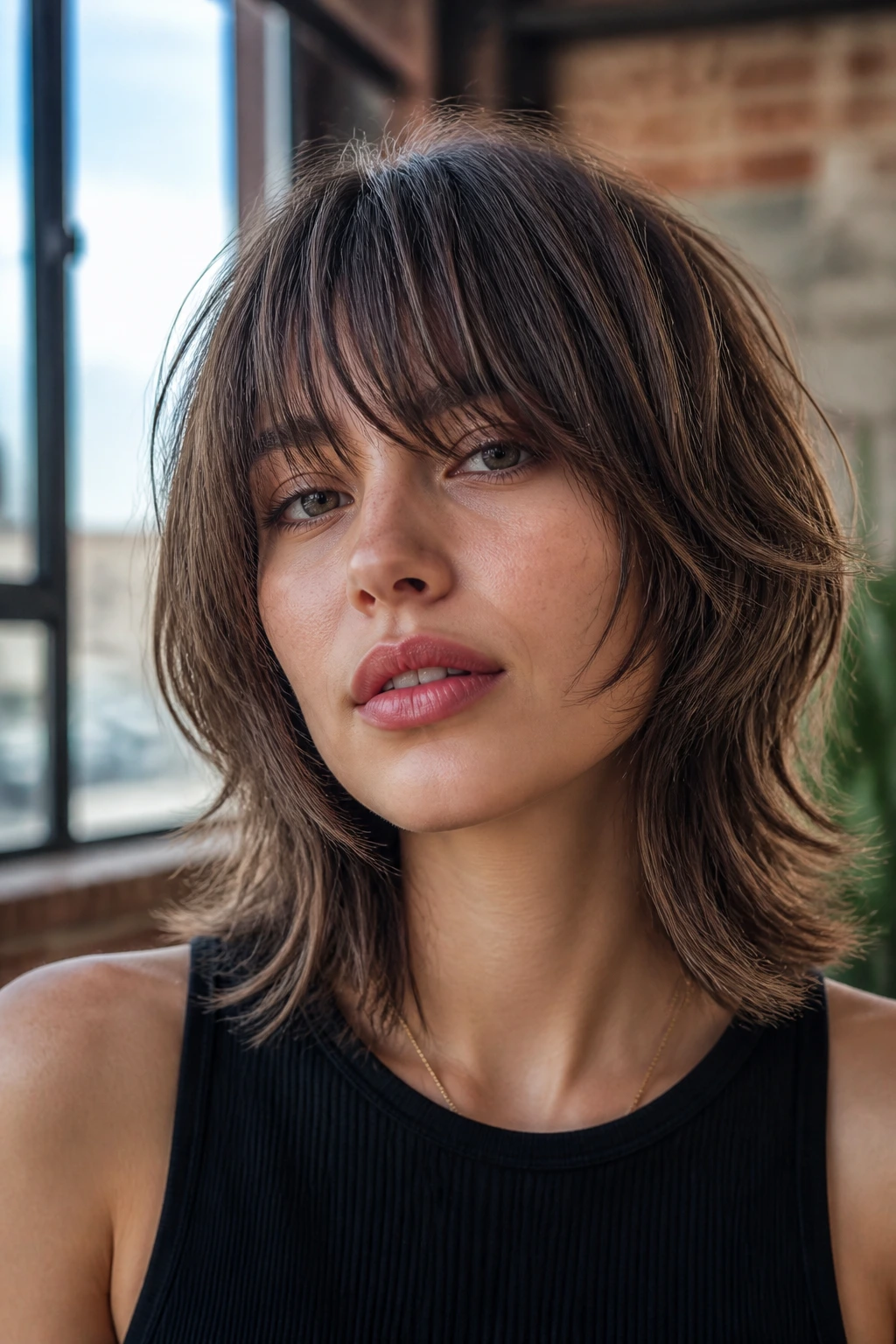 Portrait of a real woman with shaggy wolf bob.