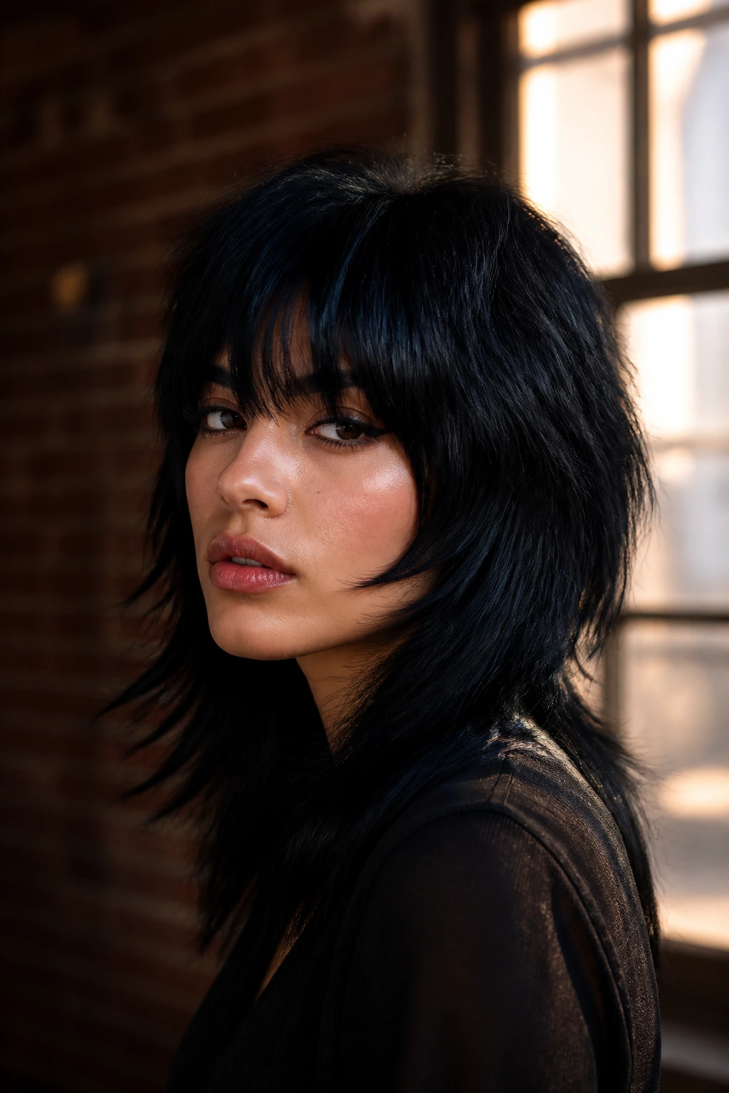Close-up of Latina woman with jet-black wolf cut and heavy bangs in moody loft lighting