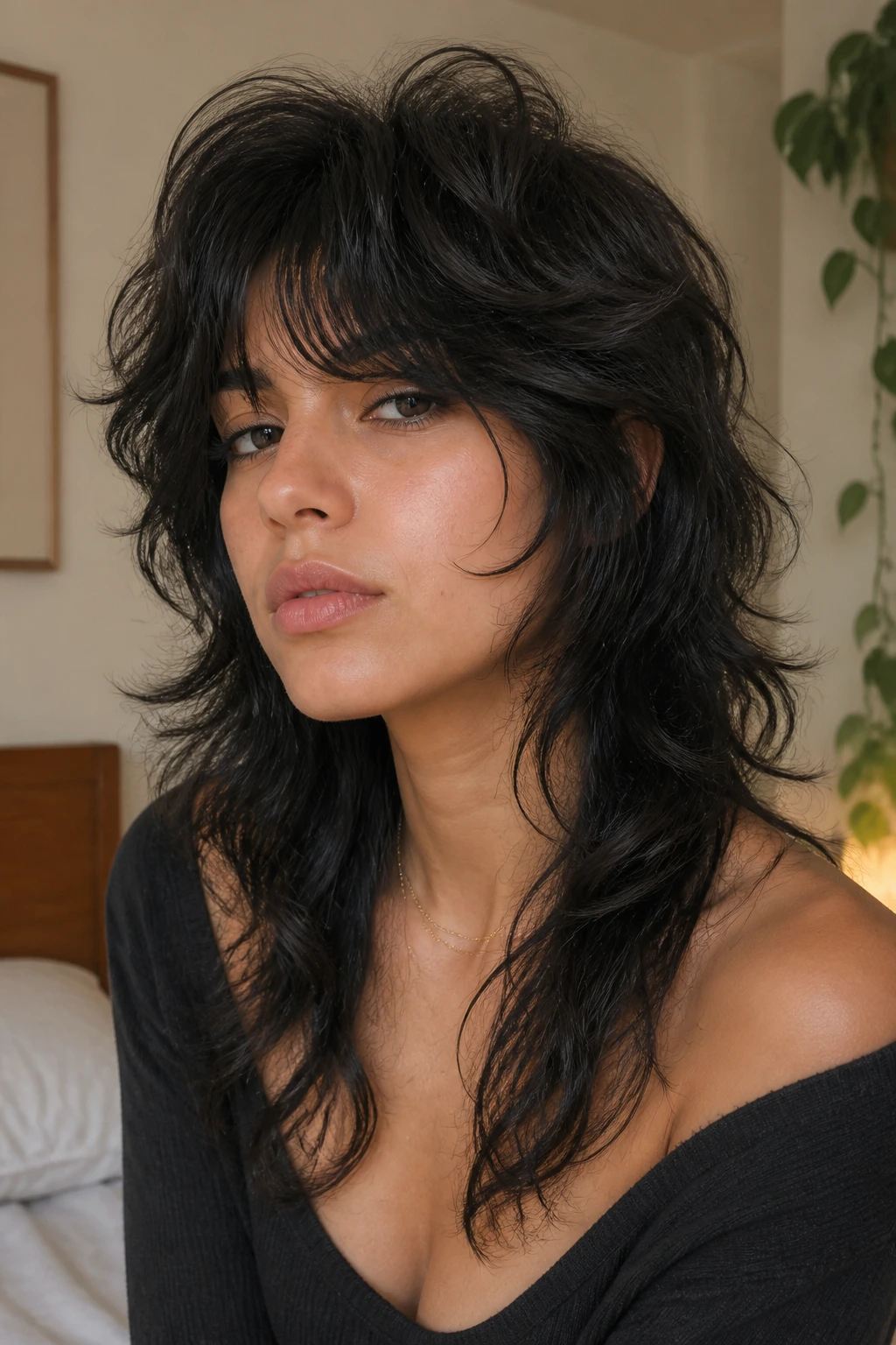 Close-up portrait of a real woman with a thick wavy wolf cut.