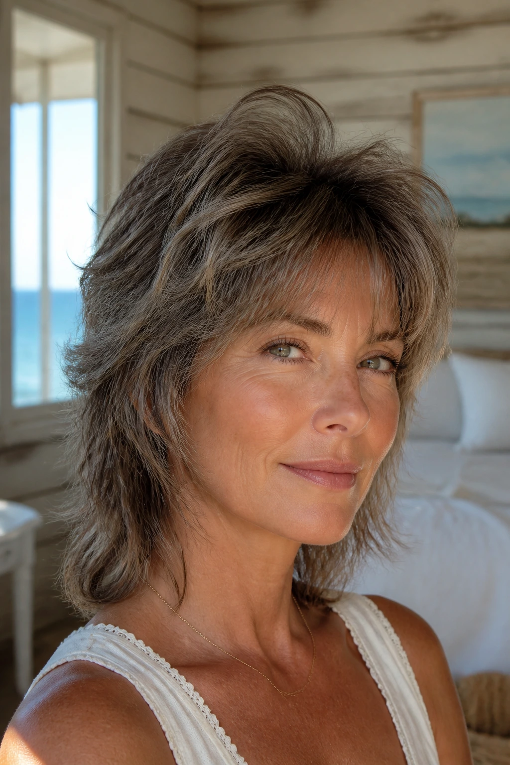 Portrait of a real woman with layered wolf cut and crown volume