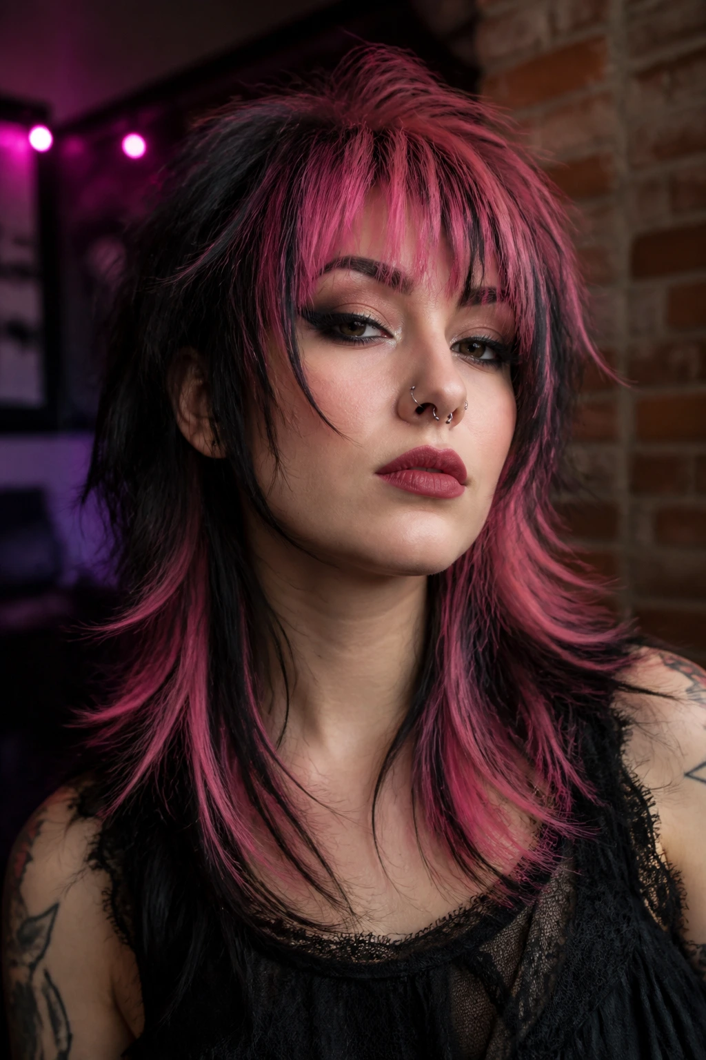 Close-up of a real woman with a voluminous wolf cut and pink crown highlights in a moody loft