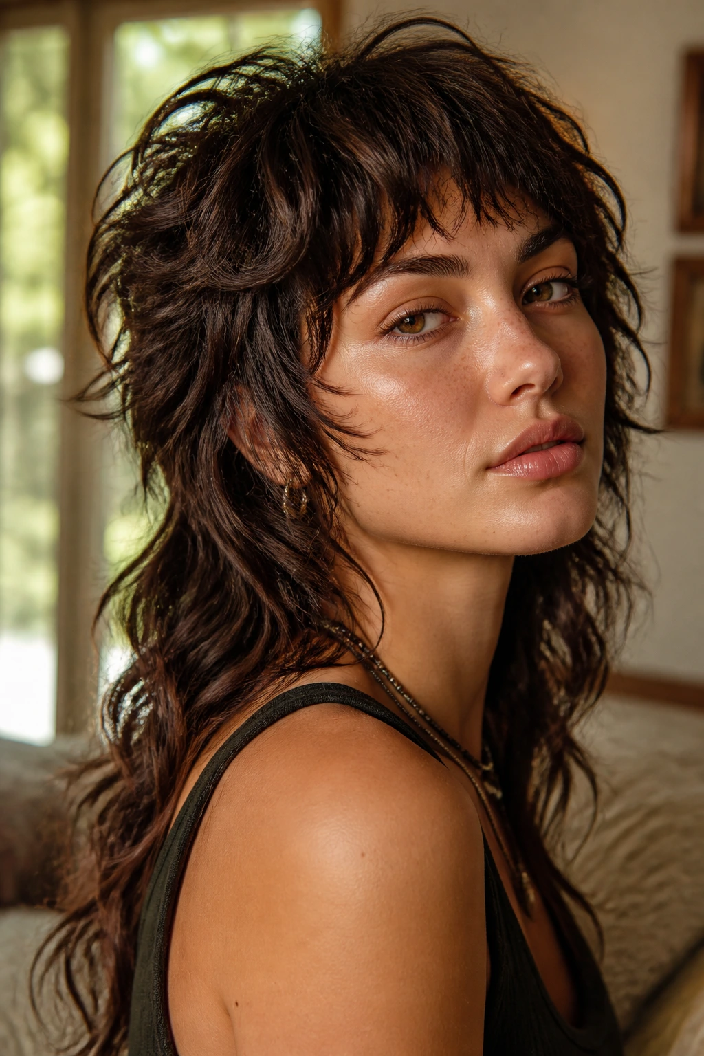 Close-up of a real woman with a choppy wolf cut and layered crown