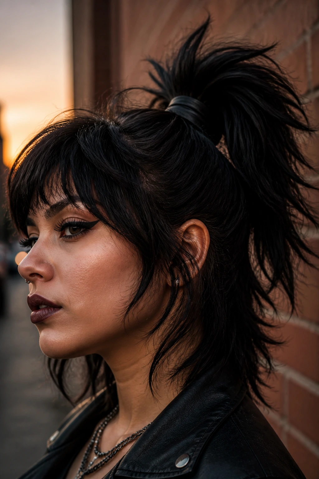 Latina woman with layered wolf-cut in a high ponytail wrapped with leather