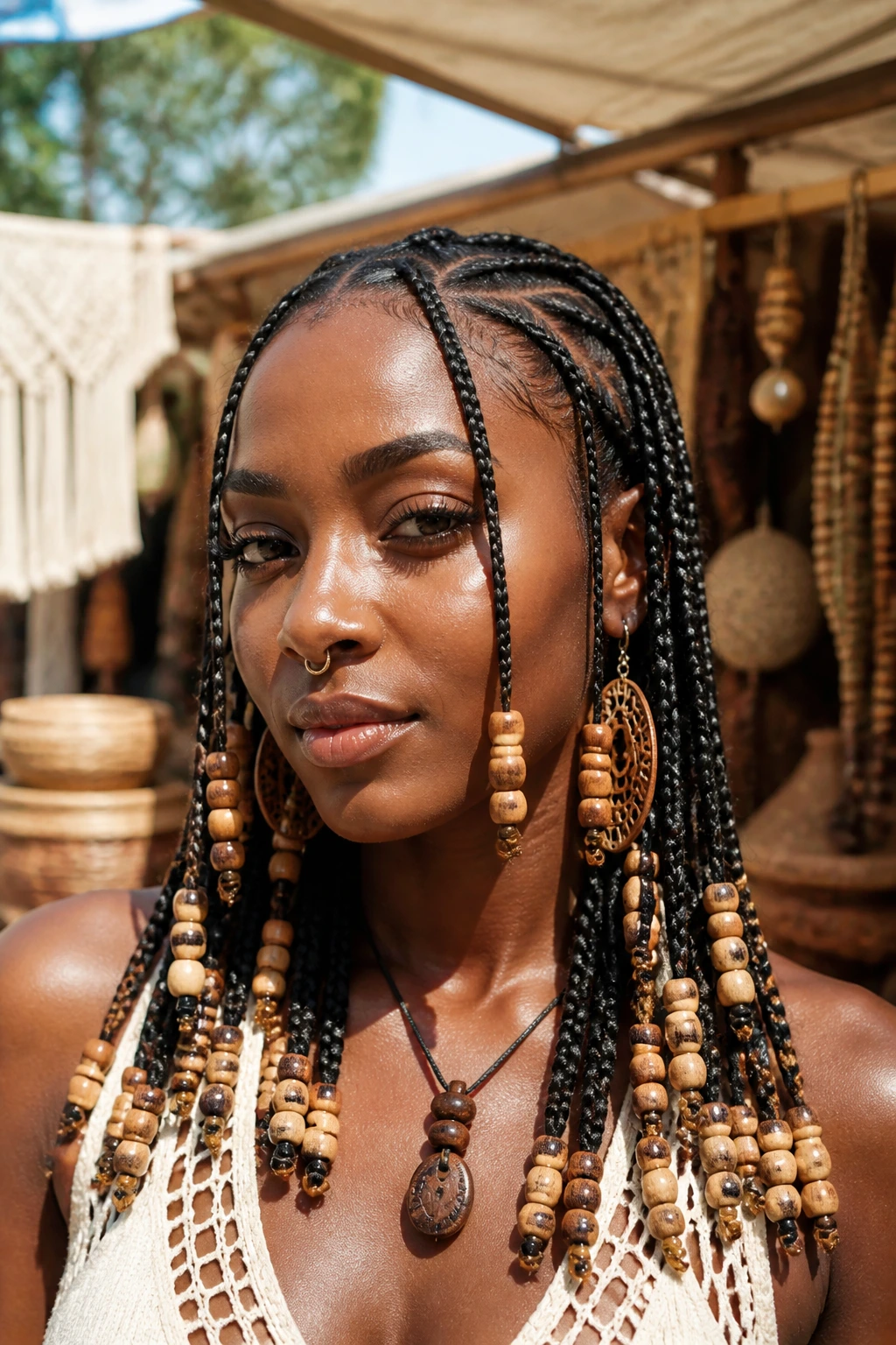 Close-up of wooden beads on Fulani-inspired braids on a real person