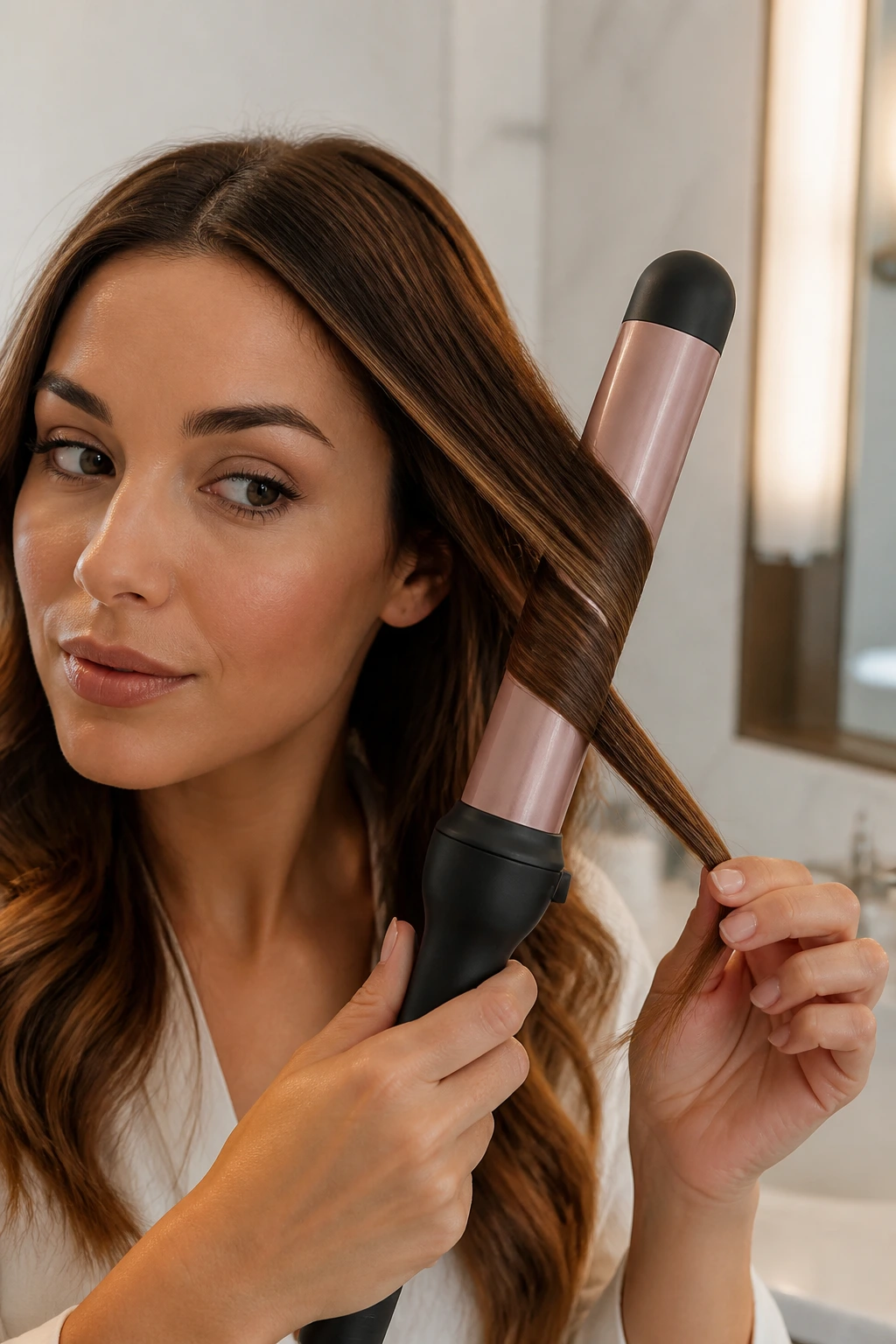 Hair wrapped around curling wand on a real person demonstrating wrap technique