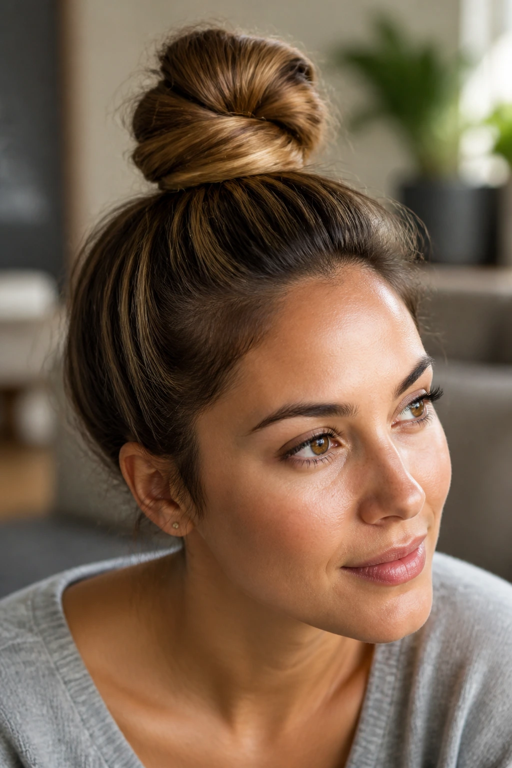 Close-up of a real woman's head with a wrapped-around top knot