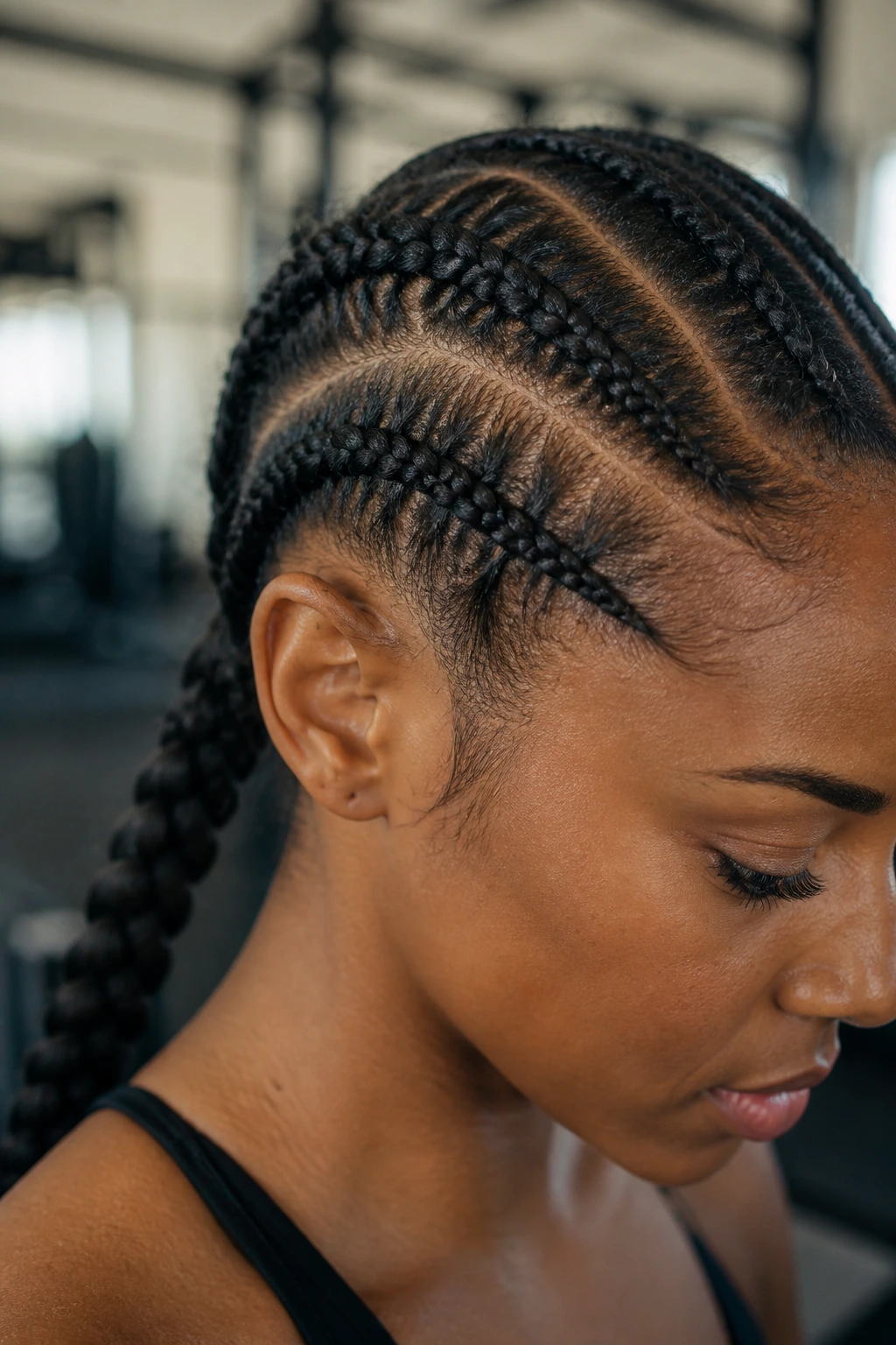 Close-up of a real woman showing the wrapped base at the hairline of a goddess braid during workout.