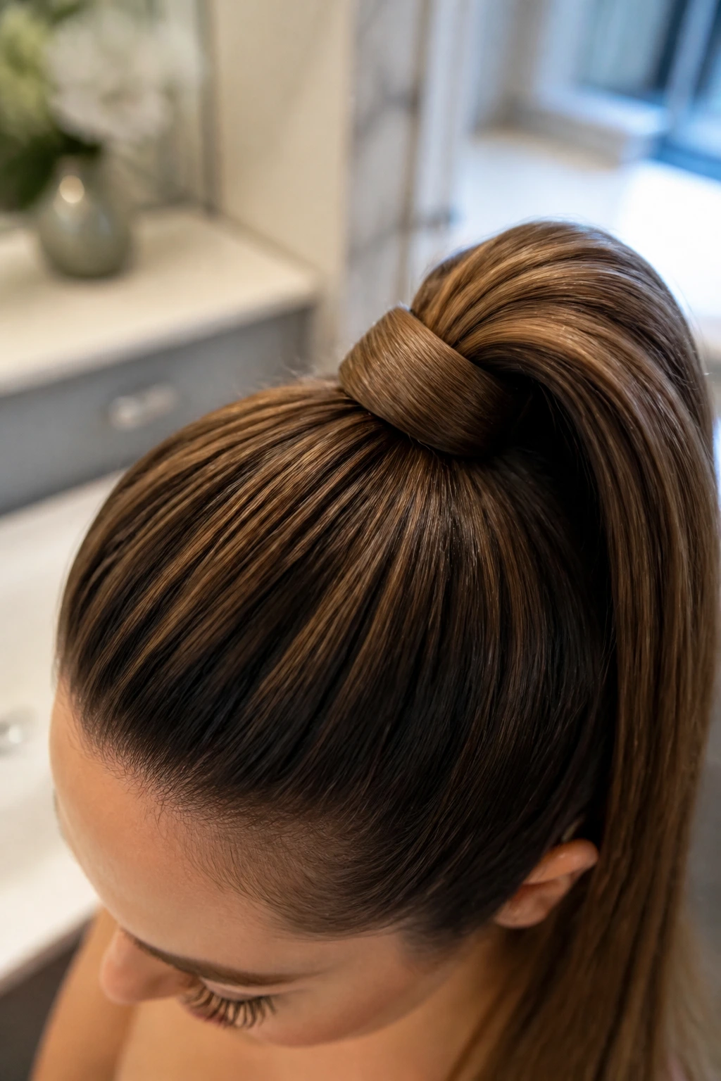 Close-up of wrapped-base high pony at the crown of a real woman