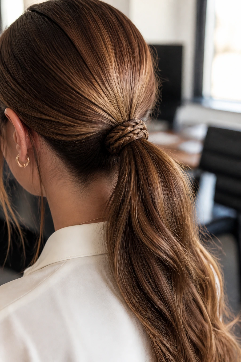 Close-up of ponytail wrapped braid accent in office setting.