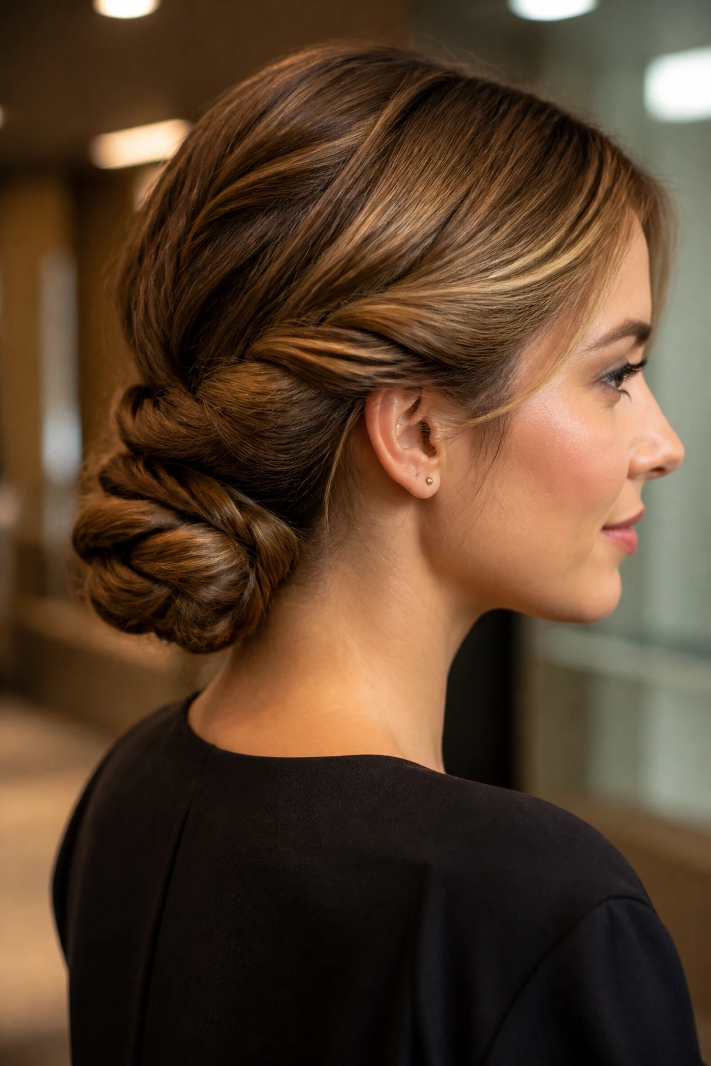 Close-up of a real woman with a wrapped chignon at the nape.