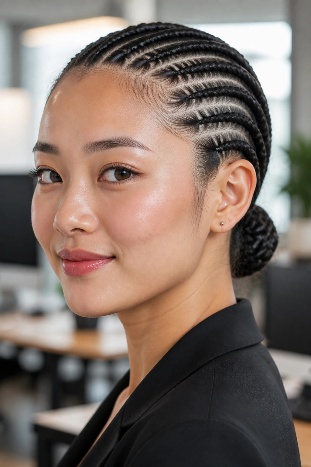Close-up of wrapped cornrows forming a low bun at the nape