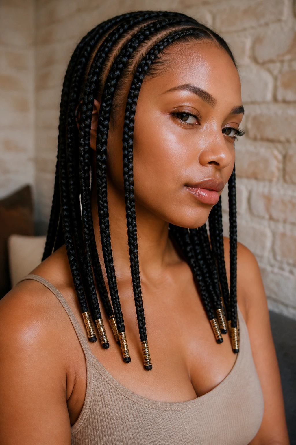 Close-up of real woman with wrapped-end cornrows and metallic thread