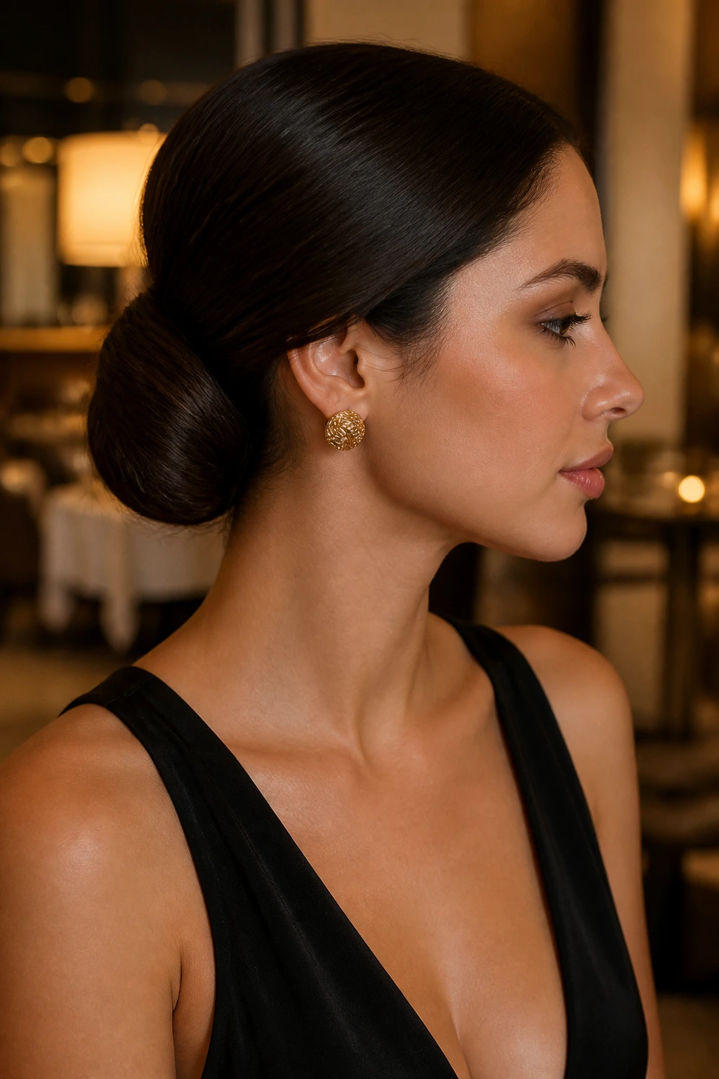 Close-up of a real woman with wrapped low bun hairstyle