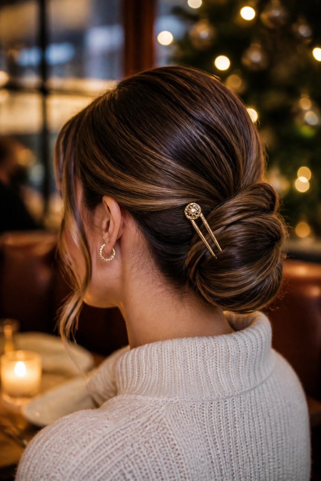 Close-up of a woman with a wrapped low bun and visible hair fork