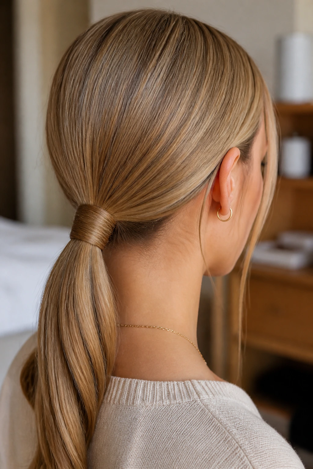 Close-up of real person with wrapped low ponytail at the nape