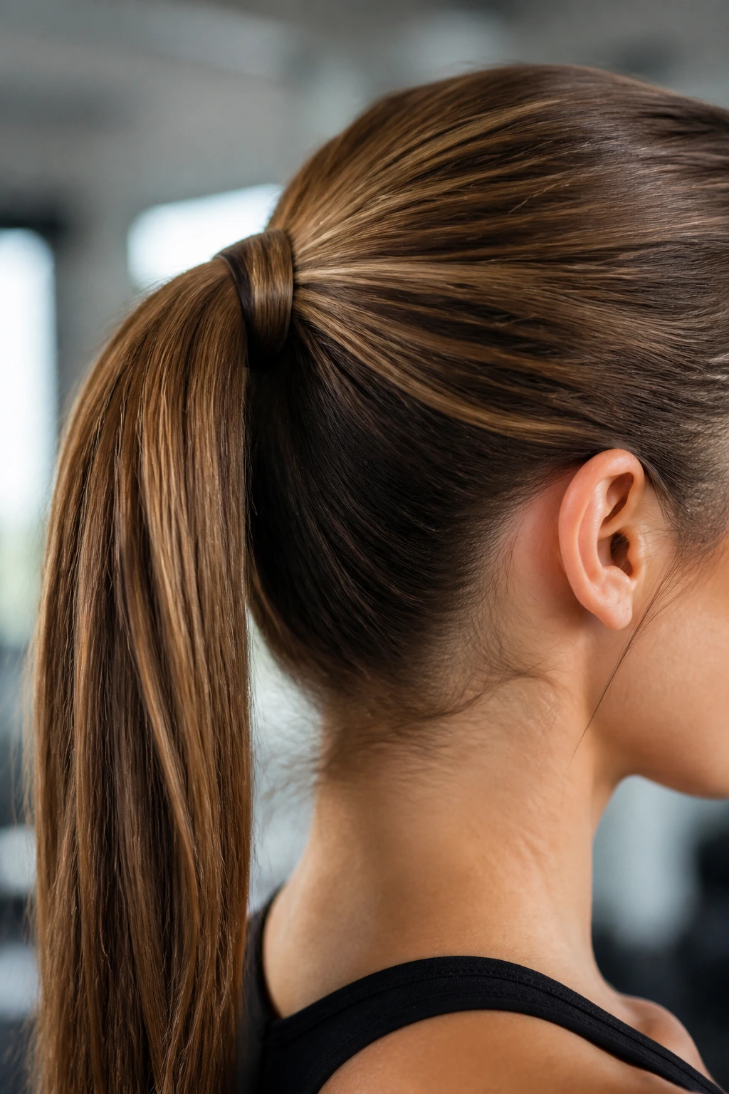 Close-up of a real woman with a wrapped ponytail in a workout setting