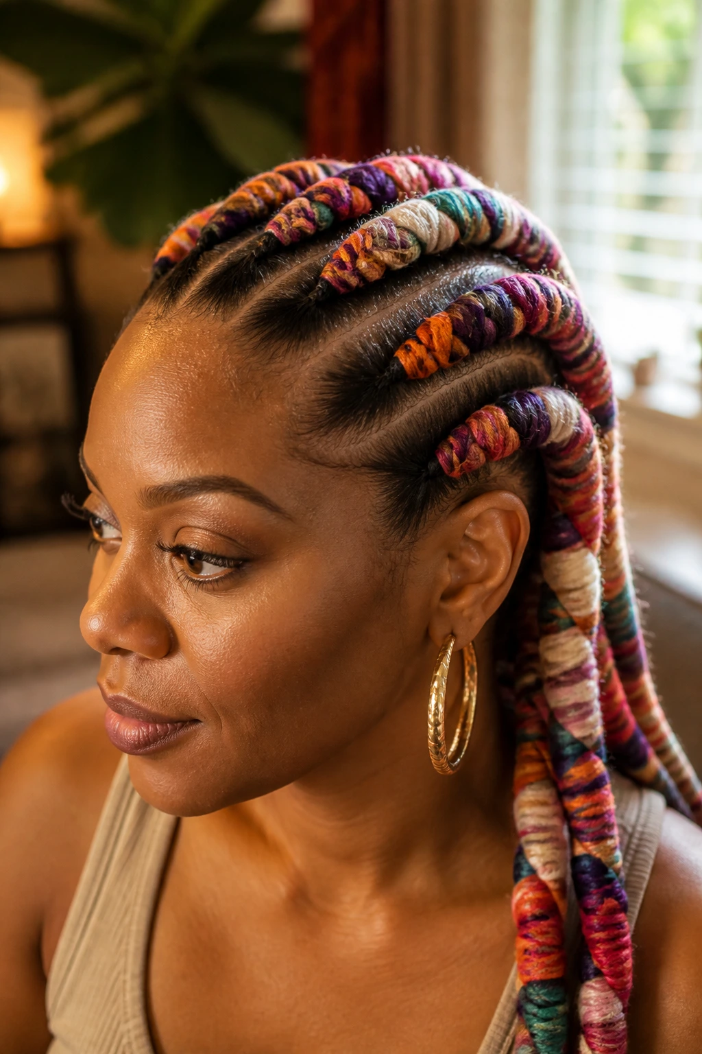 Close-up of yarn-wrapped cornrows on a real person.