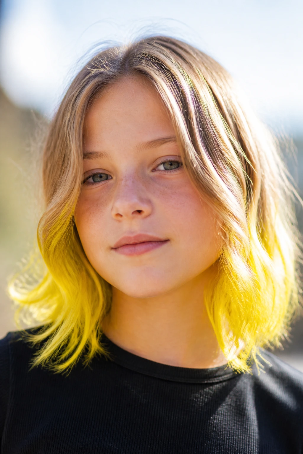 Close-up of a real person with electric yellow hair tips in bright outdoor light