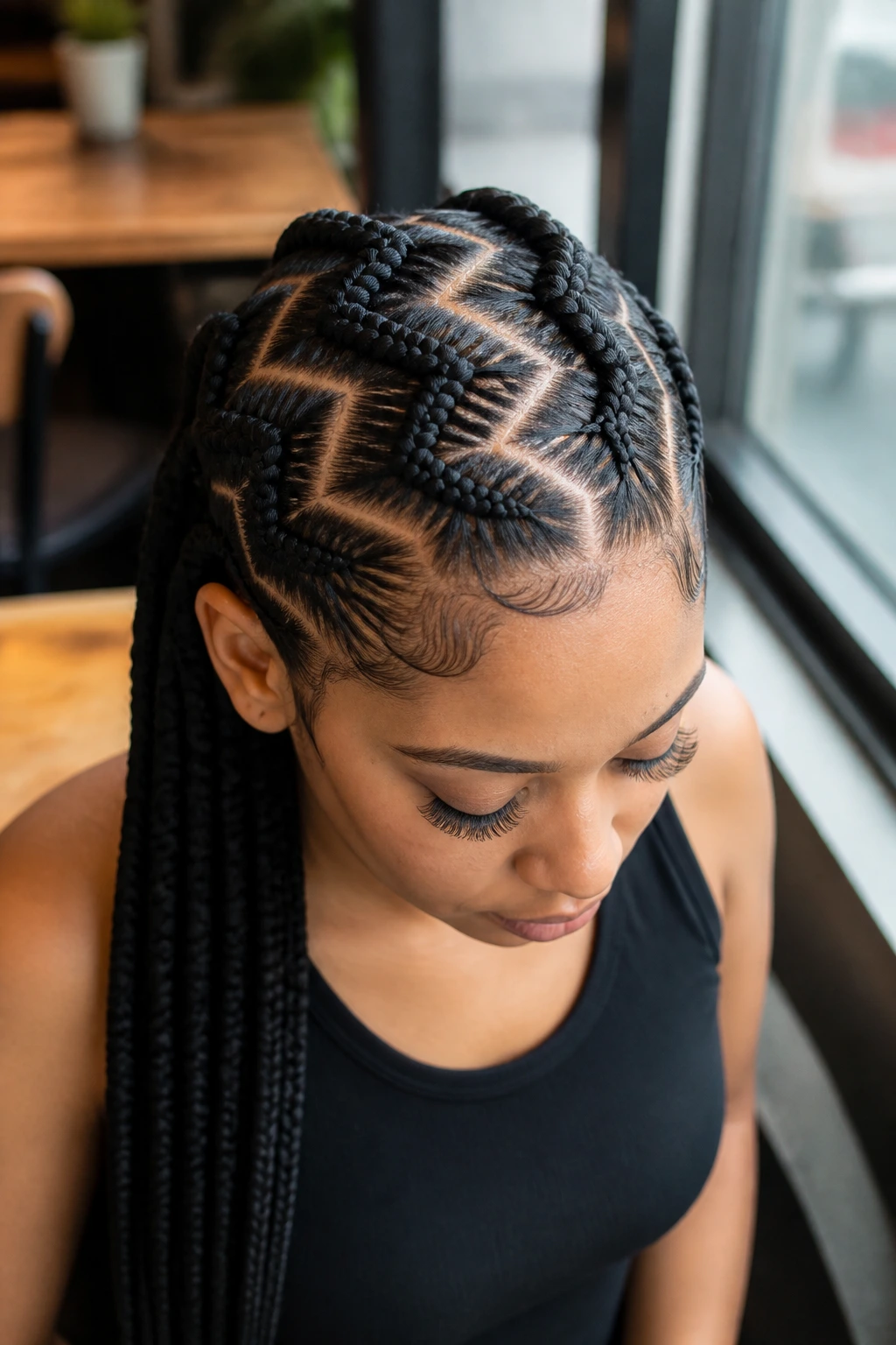 Portrait of a real person with zig-zag part cornrow design