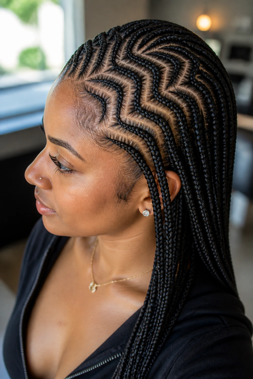 Close-up of curved zig-zag micro cornrows on a real person