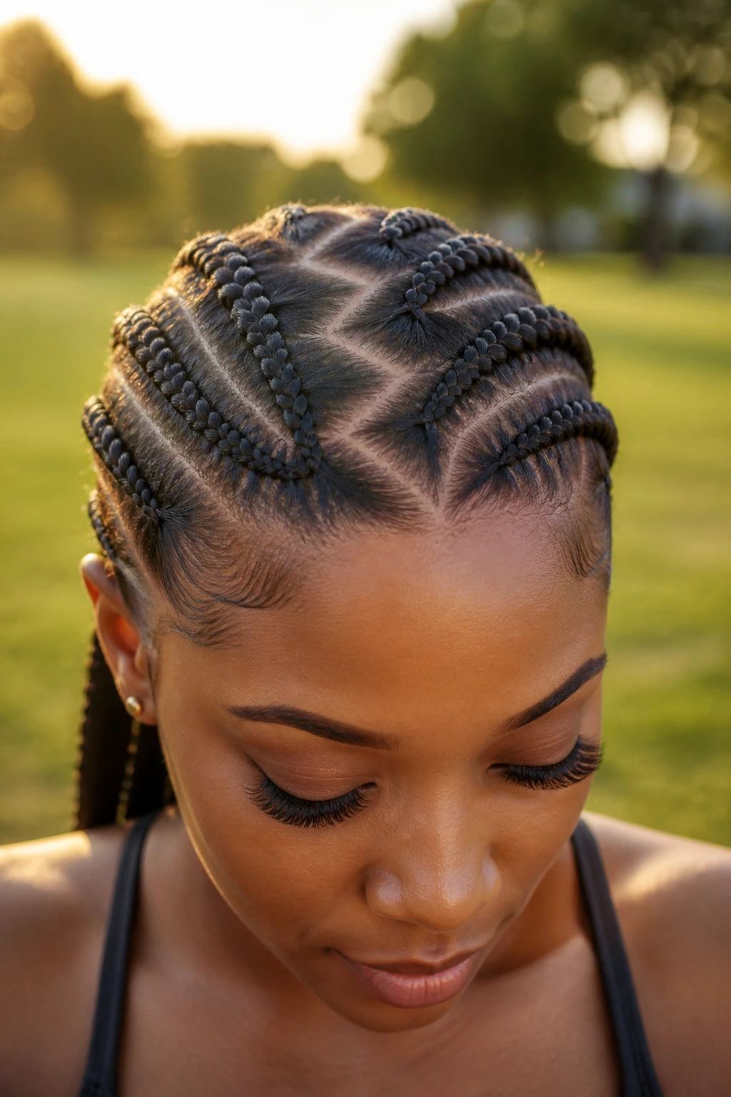 Close-up of Zig-Zag Ghana Parting on a real woman outdoors