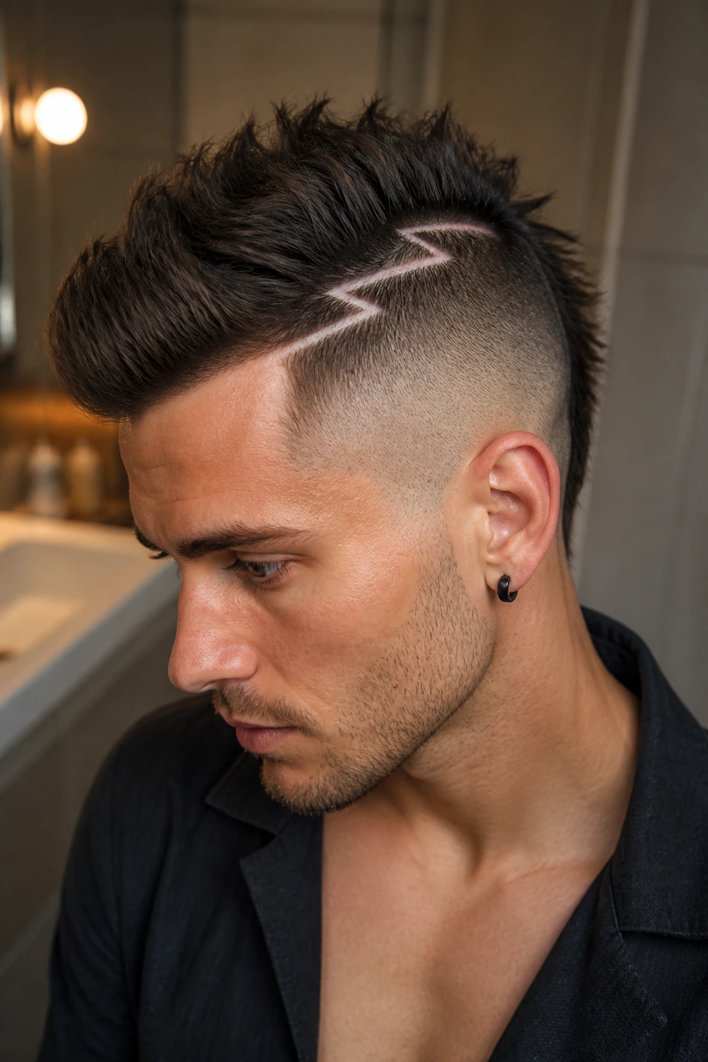 Portrait of person with zig-zag mohawk part close-up, part line visible.