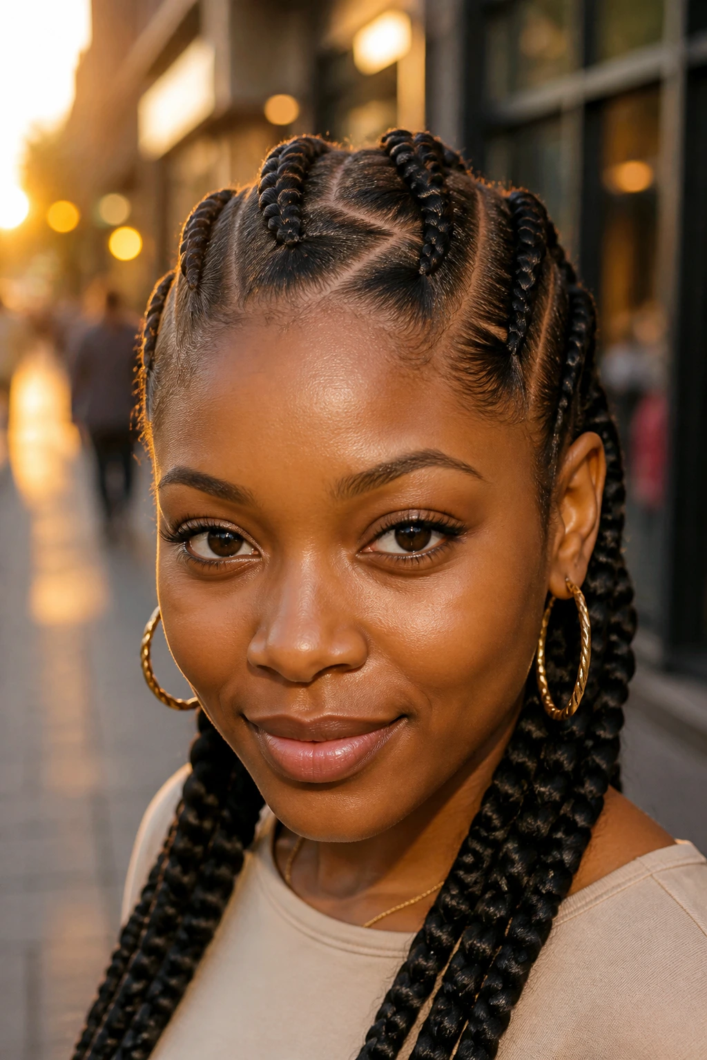 Real woman with zig-zag scalp parting and chunky cornrows.