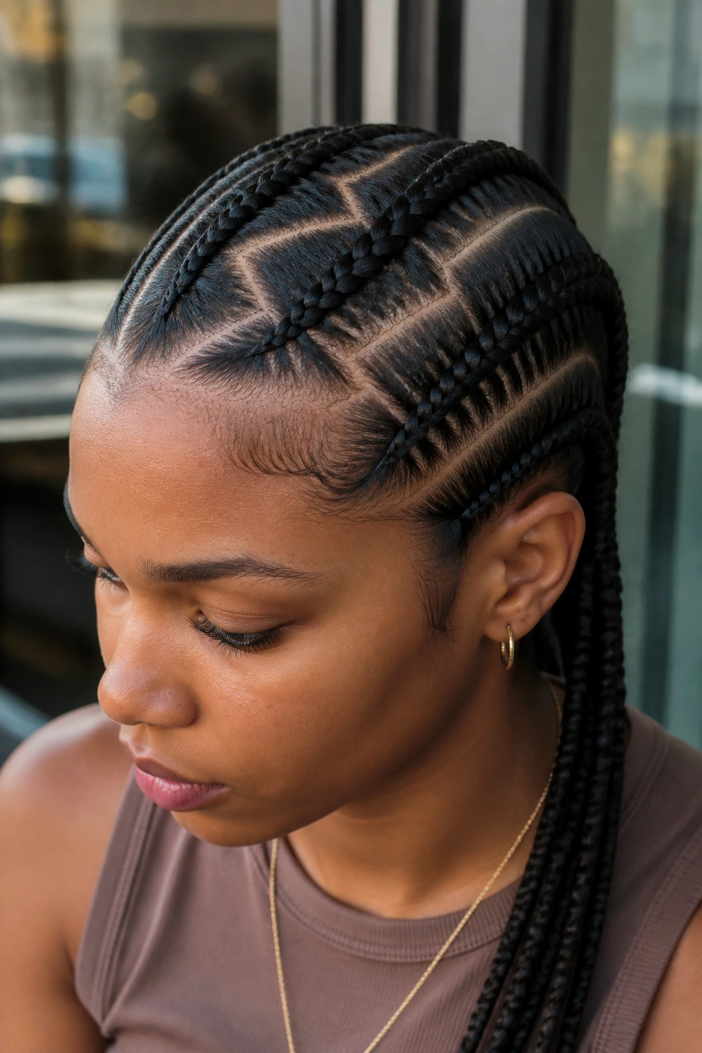 Close-up of a real person with four cornrows showing a zig-zag part