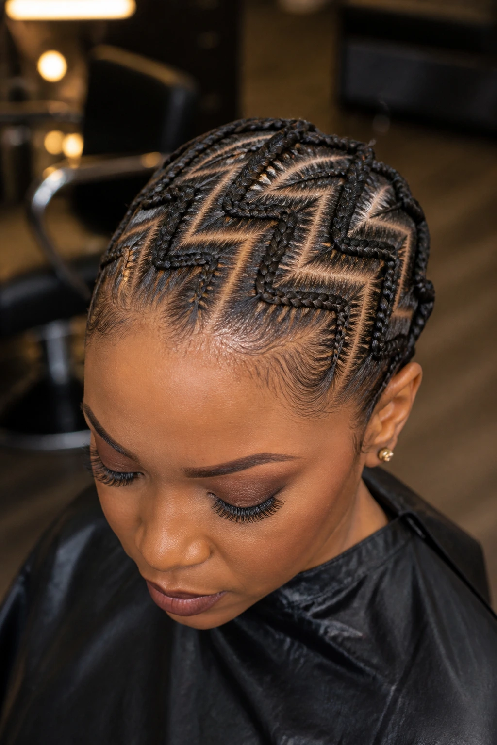 Portrait of a real woman with zig-zag cornrow parts in a chic salon
